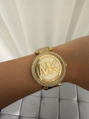 Michael Kors Gold Tone MK Logo Crystal Bezel Women's Watch